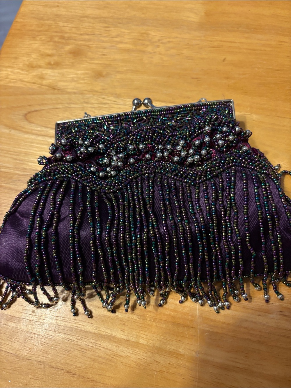 Beaded Fringe Evening Clutch - Purple with two different length chains